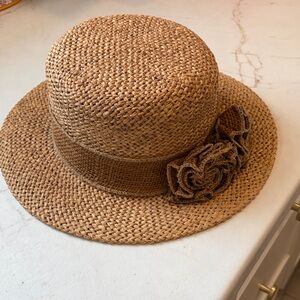 April Cornell Woven Straw Cloche Hat with Floral Trim - Brown